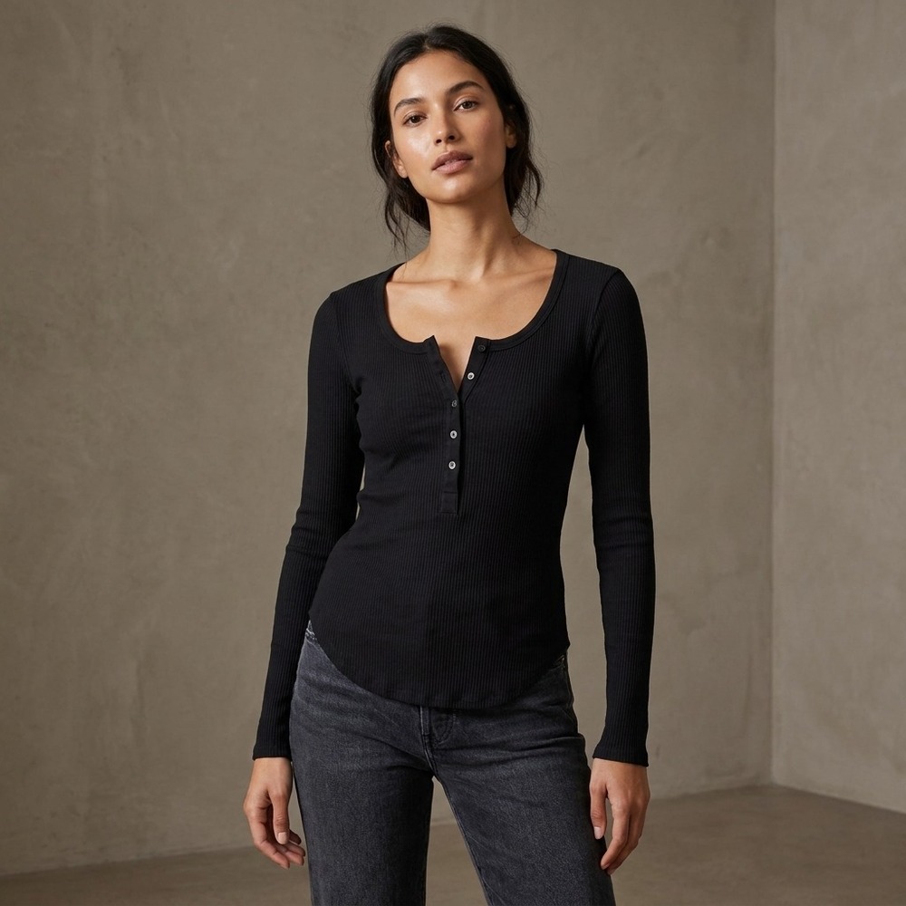 XIRENA Women Henley Top Small Black Cotton Spandex Ribbed Minimalist Basics